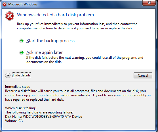 Windows 7 Hard Drive Failing