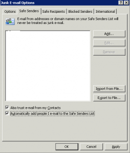 Safe Senders List is Blank