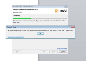 Office 2010 activation fails after SP2 with error 0x80070190